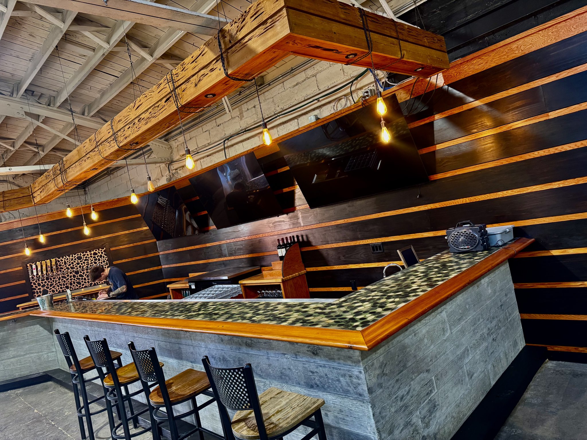 Full taproom view at French Broad River Brewing, Biltmore Village, Asheville