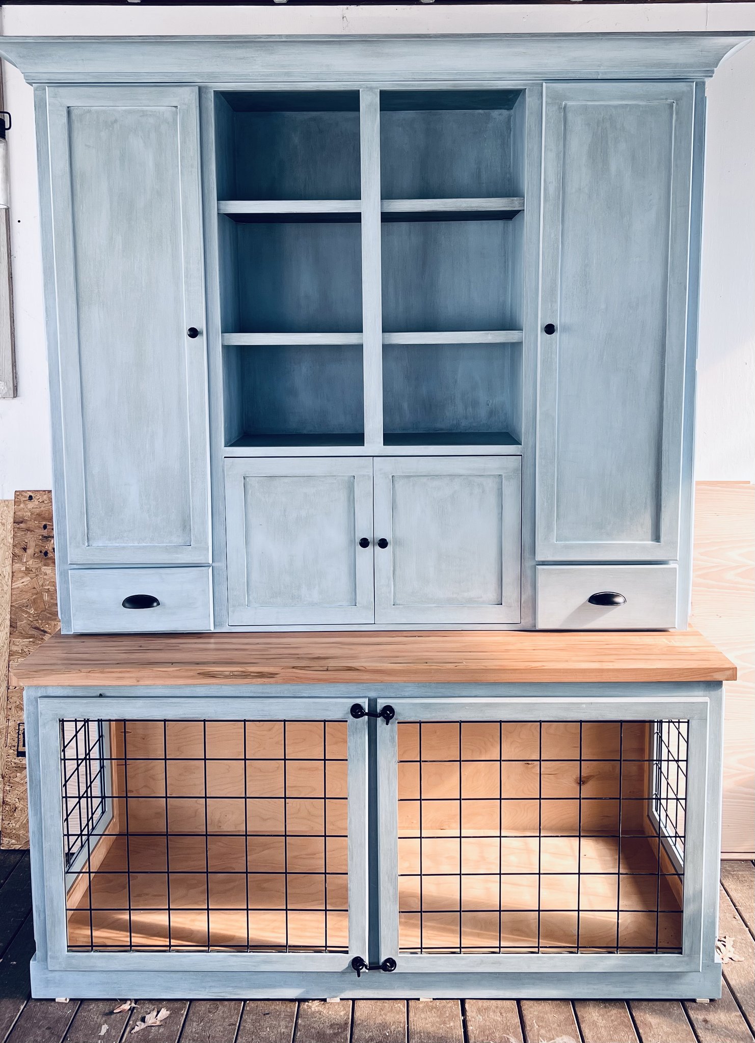 Dog hutch interior and shelving detail