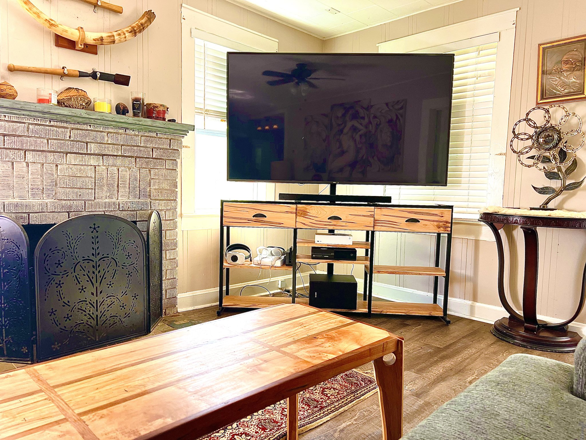 Ambrosia maple and cherry entertainment center with hickory and ambrosia maple coffee table — custom furniture by MTR